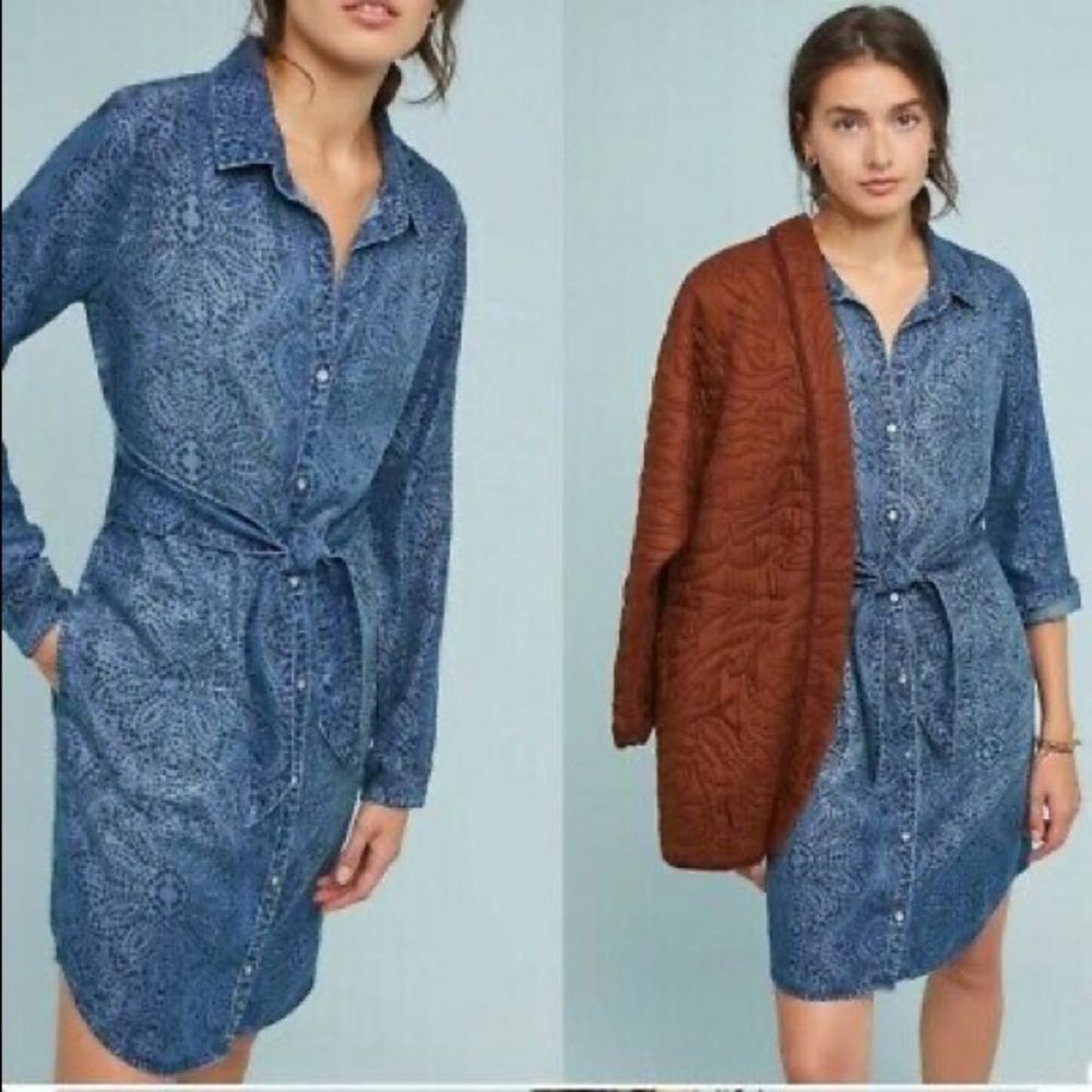 Anthropologie Cloth & Stone Chambray Shirt Dress Printed Travel Grandmacore XS
